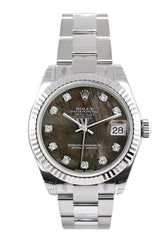 Rolex Datejust 31 Black Mother Of Pearl Set Diamonds Dial White Gold Fluted Bezel Ladies Watch
